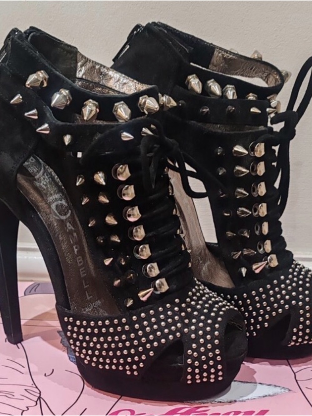 Jeffrey Campbell Tawny Black Studded Lace-Up Peep-Toe Booties